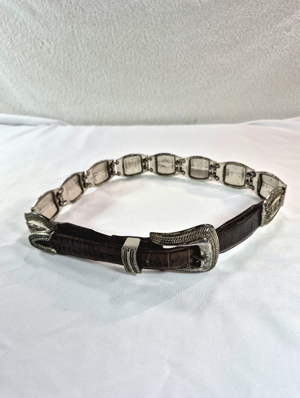 Vintage Brighton Brown Leather Western Silver Concho Link Belt 90s Rustic Boho